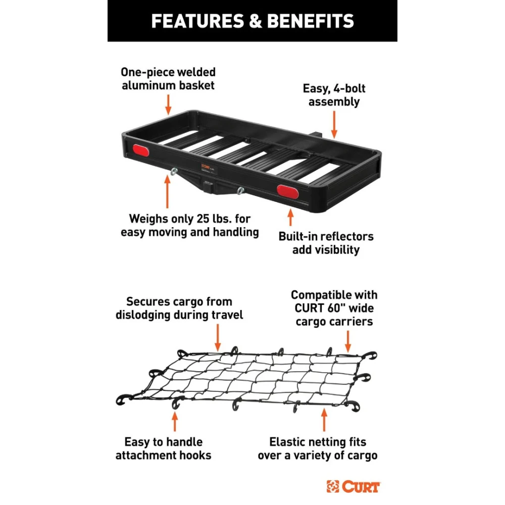 CURT 49x22.5 black aluminum hitch cargo carrier with elastic cargo net – 500 lb capacity