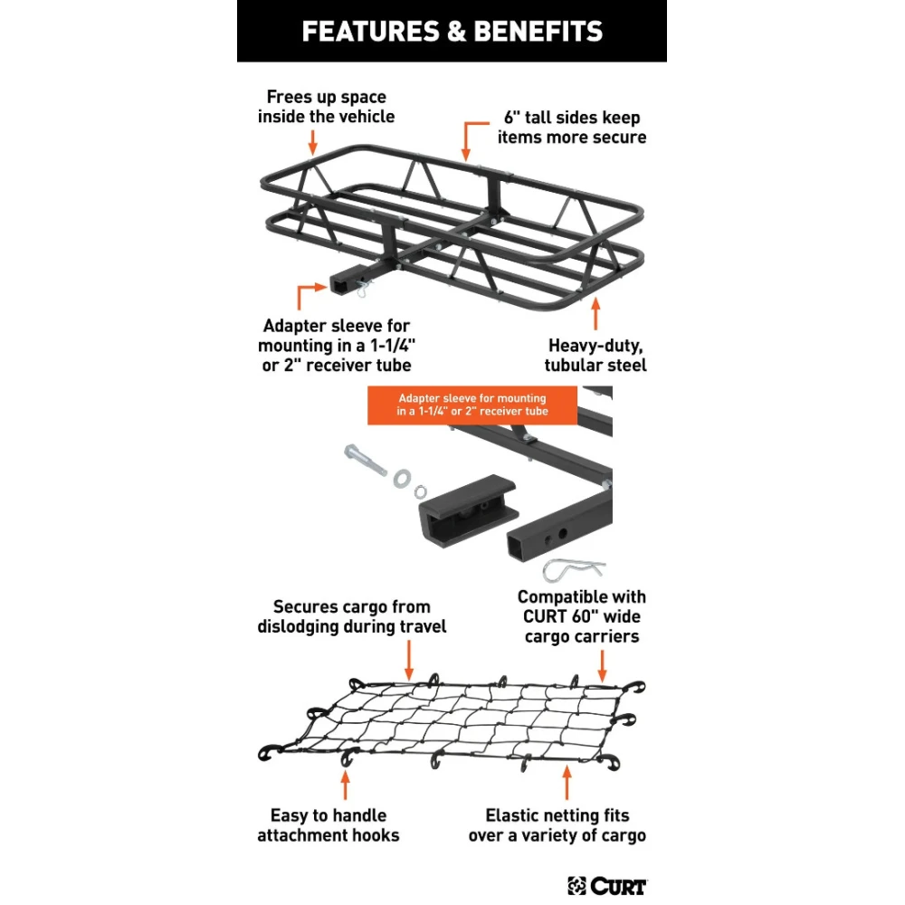 CURT 48x20 Basket Hitch Cargo Carrier Bundle with Net and Lock