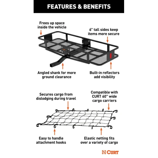  CURT 60x20 Angled Hitch Basket Cargo Carrier with Net and Hitch Lock for 2" Receiver