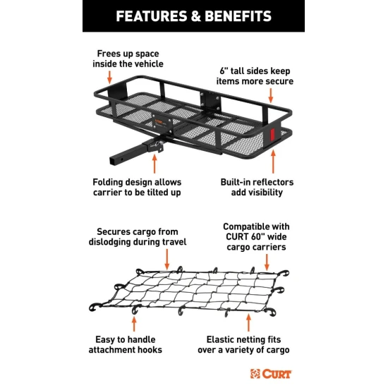 CURT 60x20 folding basket hitch cargo carrier with elastic net – 500 lb capacity