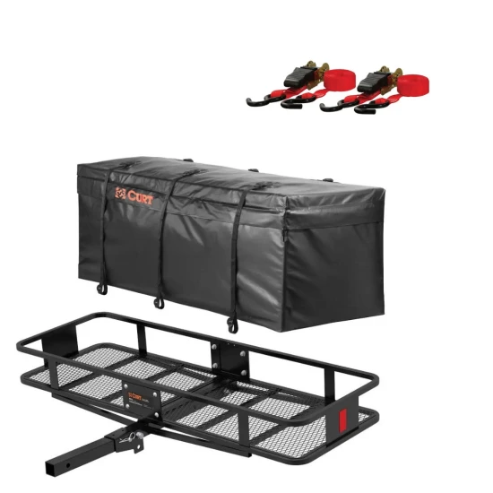 CURT Folding Basket Hitch Cargo Carrier 60x20 + Cargo Net, 500 lb CURT 60x20 folding basket hitch cargo carrier with elastic net – 500 lb capacity