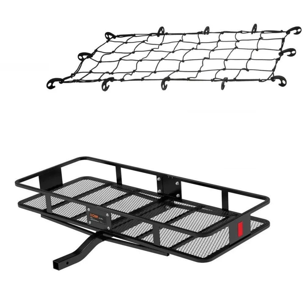 curt 60 x 24 inch steel basket hitch cargo carrier with elastic net bundle