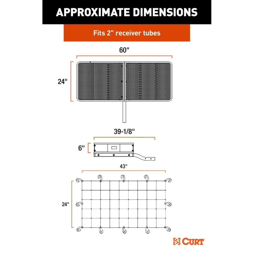  CURT 60x24 Fixed Shank Basket Hitch Cargo Carrier with Weatherproof Bag, Net, and Hitch Lock