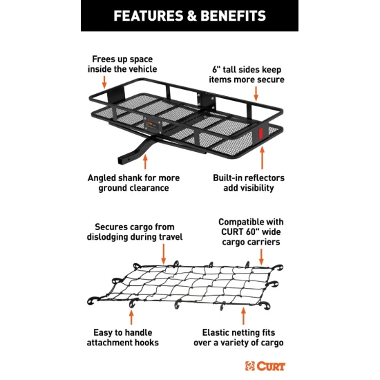  CURT 60x24 Fixed Shank Basket Hitch Cargo Carrier with Weatherproof Bag, Net, and Hitch Lock