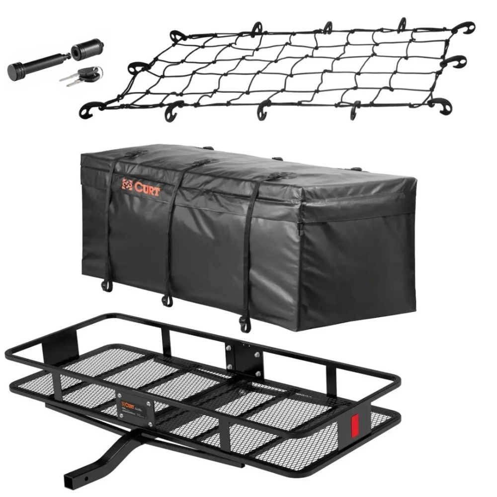  CURT 60x24 Fixed Shank Basket Hitch Cargo Carrier with Weatherproof Bag, Net, and Hitch Lock
