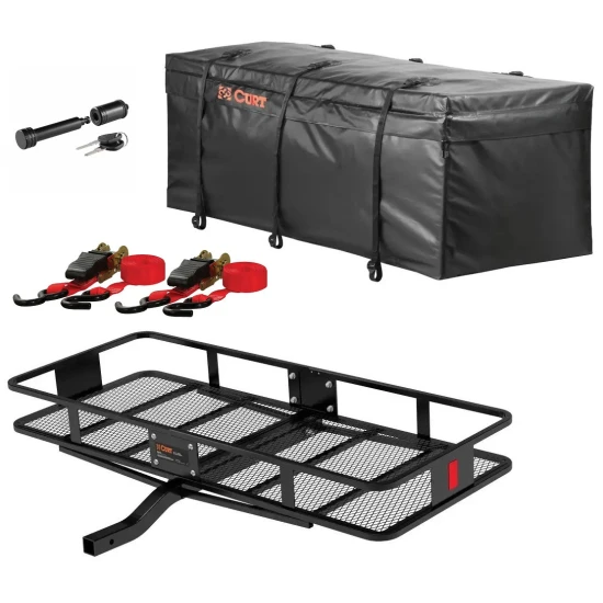 CURT 60x24 steel hitch cargo carrier kit with 15 cu ft weather‑resistant bag, straps & lock for 2 inch receiver