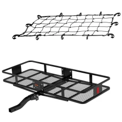 CURT 60" x 24" Folding Hitch Basket Cargo Carrier Bundle with 43x24" Elastic Cargo Net
