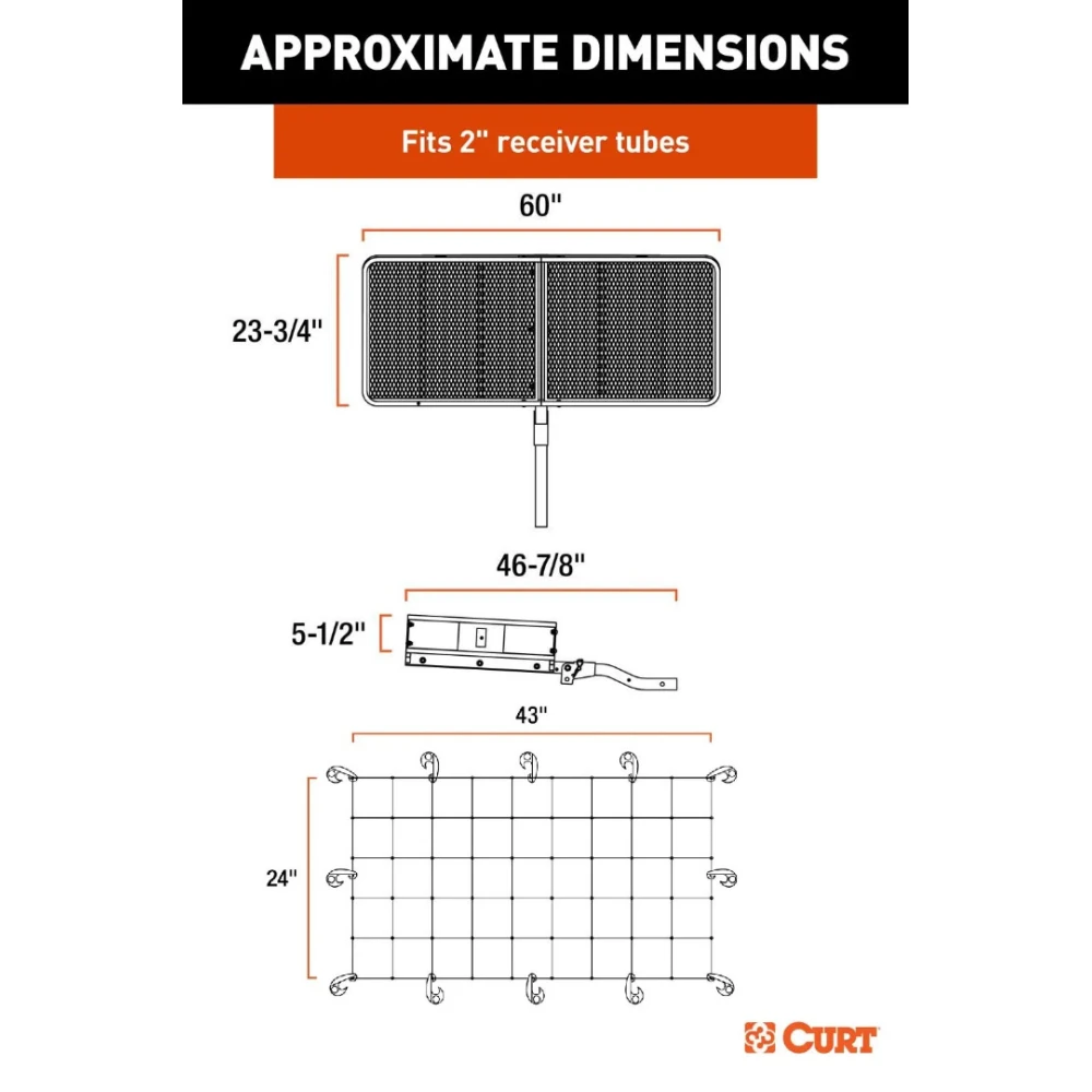CURT 60x24 folding hitch cargo basket with elastic net for 2-inch receiver