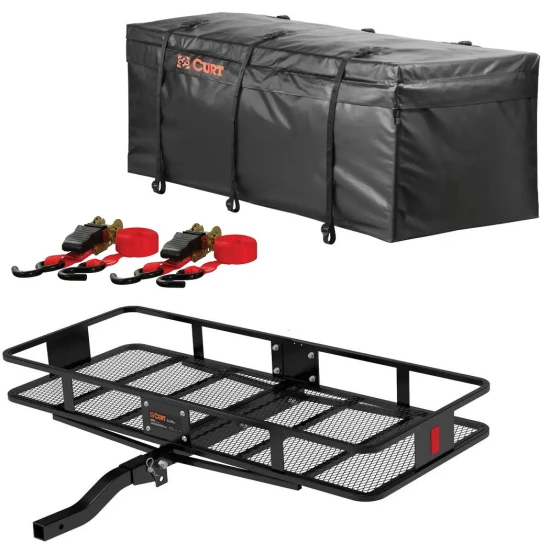 CURT 60x24 folding hitch cargo basket with waterproof bag and ratchet straps