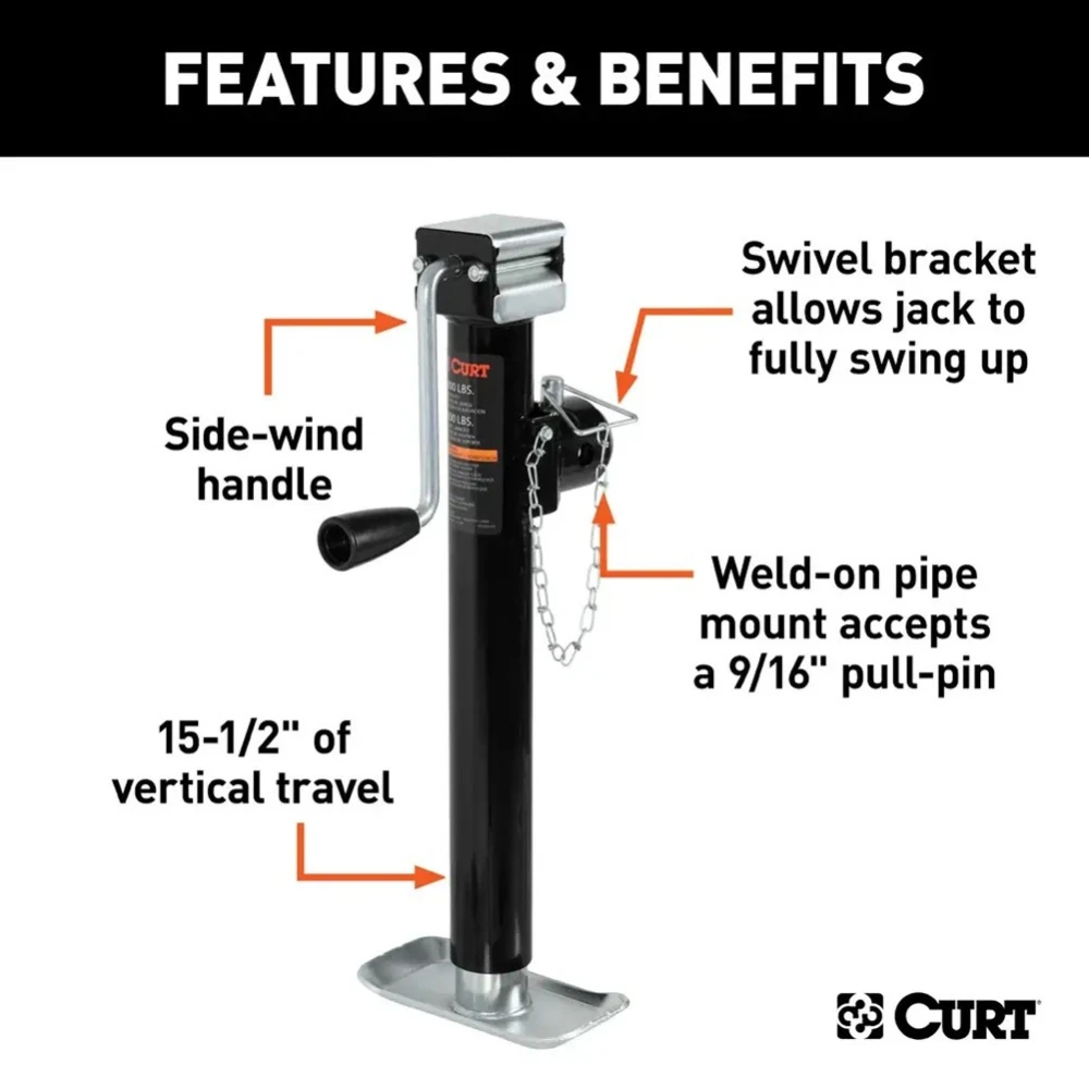 CURT 5K Pipe-Mount Swivel Trailer Jack with Sidewind Handle, 15 Inch Lift