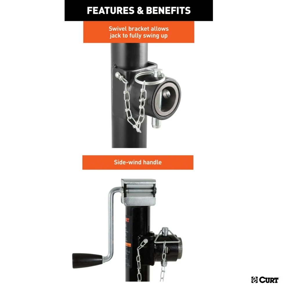 CURT 5K Pipe-Mount Swivel Trailer Jack with Sidewind Handle, 15 Inch Lift