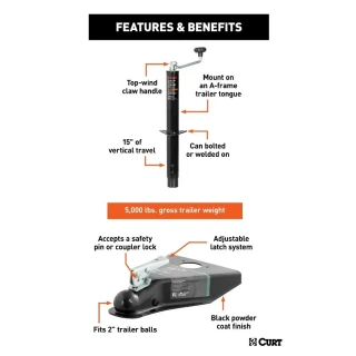 CURT A-Frame Trailer Jack and 2-Inch Coupler Bundle, 5000 lbs capacity, top handle, 15-inch travel