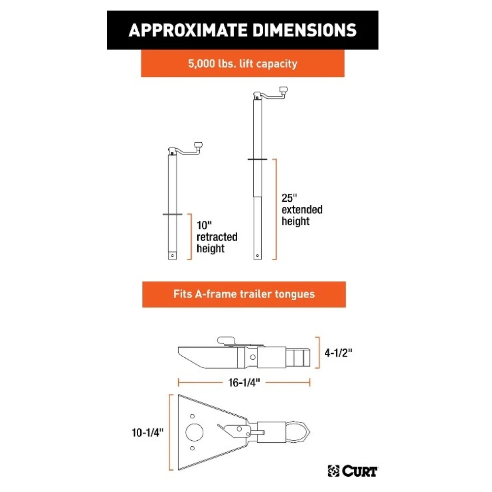 CURT A-Frame Trailer Jack with 2 Inch Coupler, 5000 lbs Jack, 7000 lbs Coupler