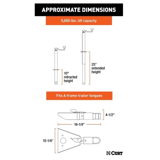 CURT A-Frame Trailer Jack with 2 Inch Coupler, 5000 lbs Jack, 7000 lbs Coupler