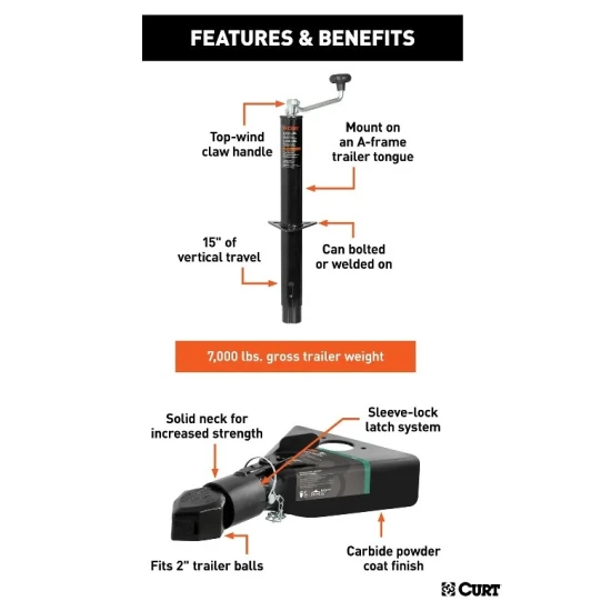 CURT A-Frame Trailer Jack with 2 Inch Coupler, 5000 lbs Jack, 7000 lbs Coupler