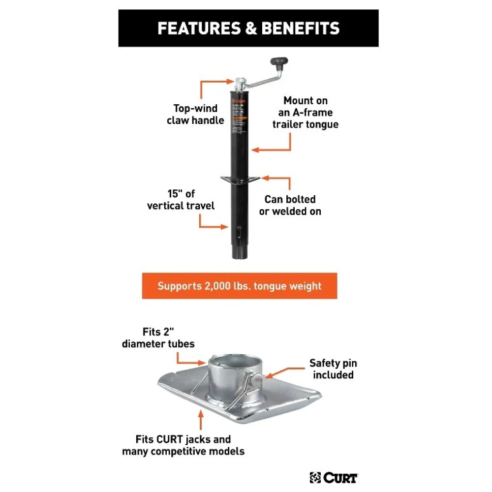 CURT 5000 lb A-Frame Trailer Jack 15 Inch Travel Footplate