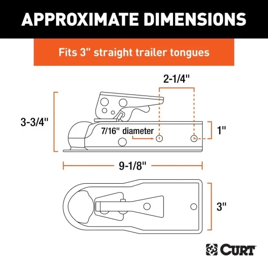 CURT 2K Straight Tongue Coupler for 3 Inch Channel, Zinc-Plated, 1-7/8 Inch Ball