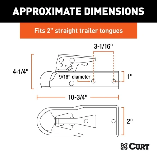 CURT 3.5K Straight Tongue Trailer Coupler 2 Inch Ball 2 Inch Channel Zinc Posi-Lock