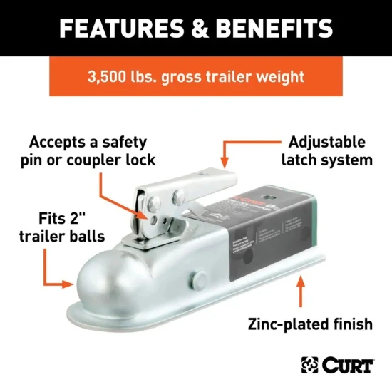 CURT 3.5K Straight Tongue Trailer Coupler 2 Inch Ball 2 Inch Channel Zinc Posi-Lock