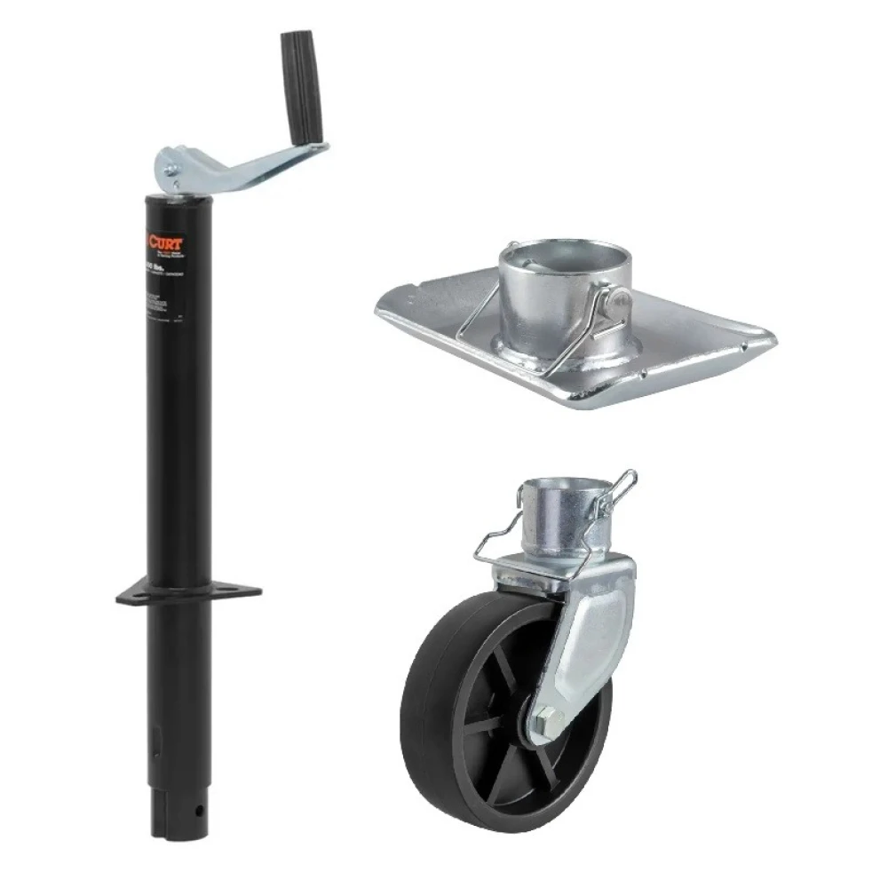 CURT 2000 lb A-Frame Trailer Jack with 15 Inch Travel, Top-Wind, Wheel, Foot