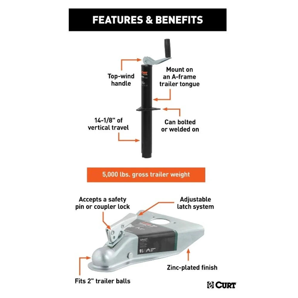 CURT A-Frame Trailer Jack and 2" Coupler Bundle for Towing
