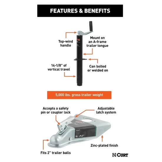 CURT A-Frame Trailer Jack and 2" Coupler Bundle for Towing