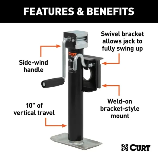 CURT 2K Bracket-Mount Swivel Trailer Jack with Side Handle and 10-Inch Travel