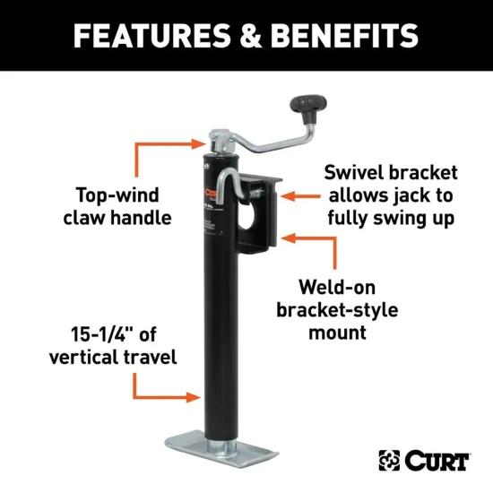 CURT 2K bracket-mount swivel trailer jack with top handle and 15 inch travel