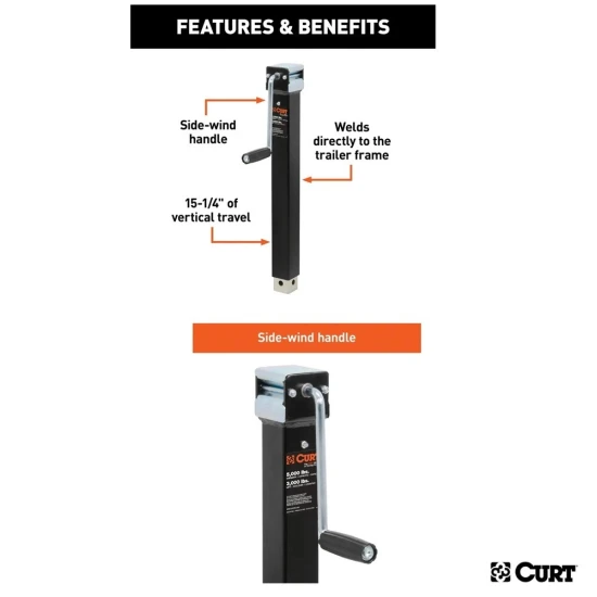 CURT 5K Direct-Weld Square Trailer Jack Bundle with Sidewind Handle – 15" Travel