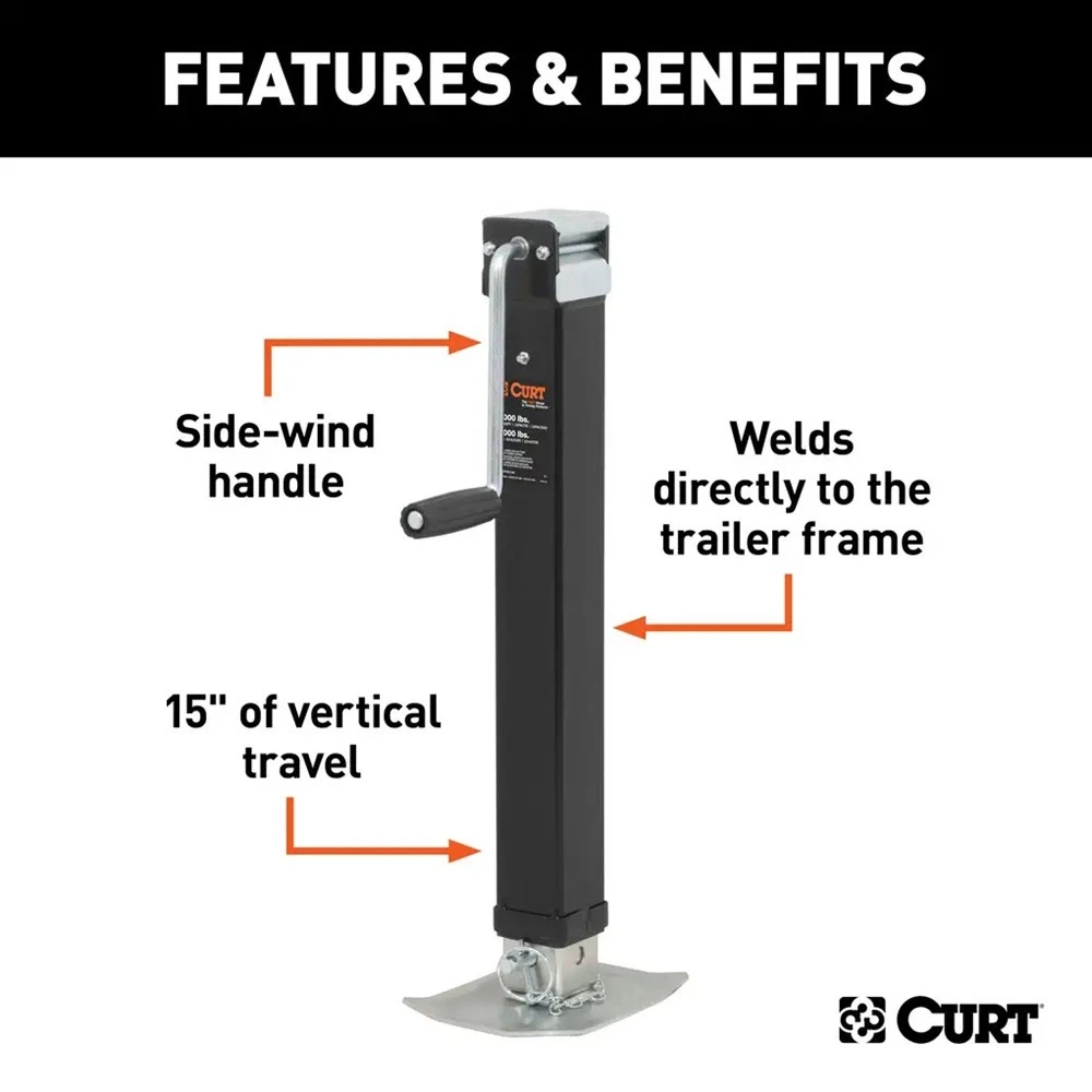 CURT 8K Direct-Weld Square Trailer Jack with Sidewind Handle and Footplate