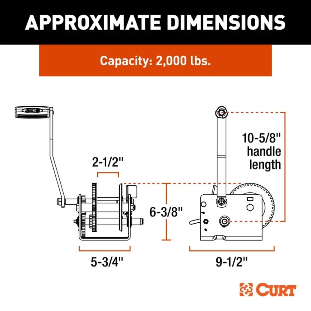 CURT 2,000 lb two-speed hand crank boat trailer winch with 10.6 inch handle bundle