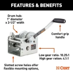 CURT 2,000 lb two-speed hand crank boat trailer winch with 10.6 inch handle bundle