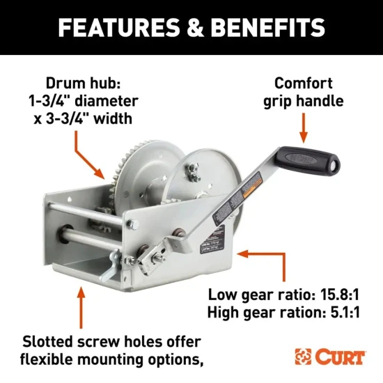CURT 3.8K Two-Speed Hand-Crank Boat Trailer Winch with 9.6" Handle, 4-Pac