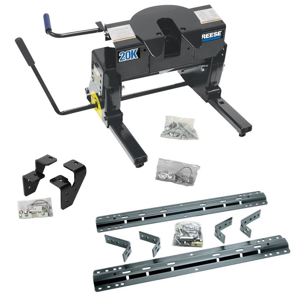 Reese Dual Jaw 20K Fifth Wheel Trailer Hitch w/ Kwik Slide Slider and Rails For 2003-2012 Dodge Ram 2500 3500 w/ Overload Springs Truck Base Rail Kit 5th Wheel Brackets Hardware