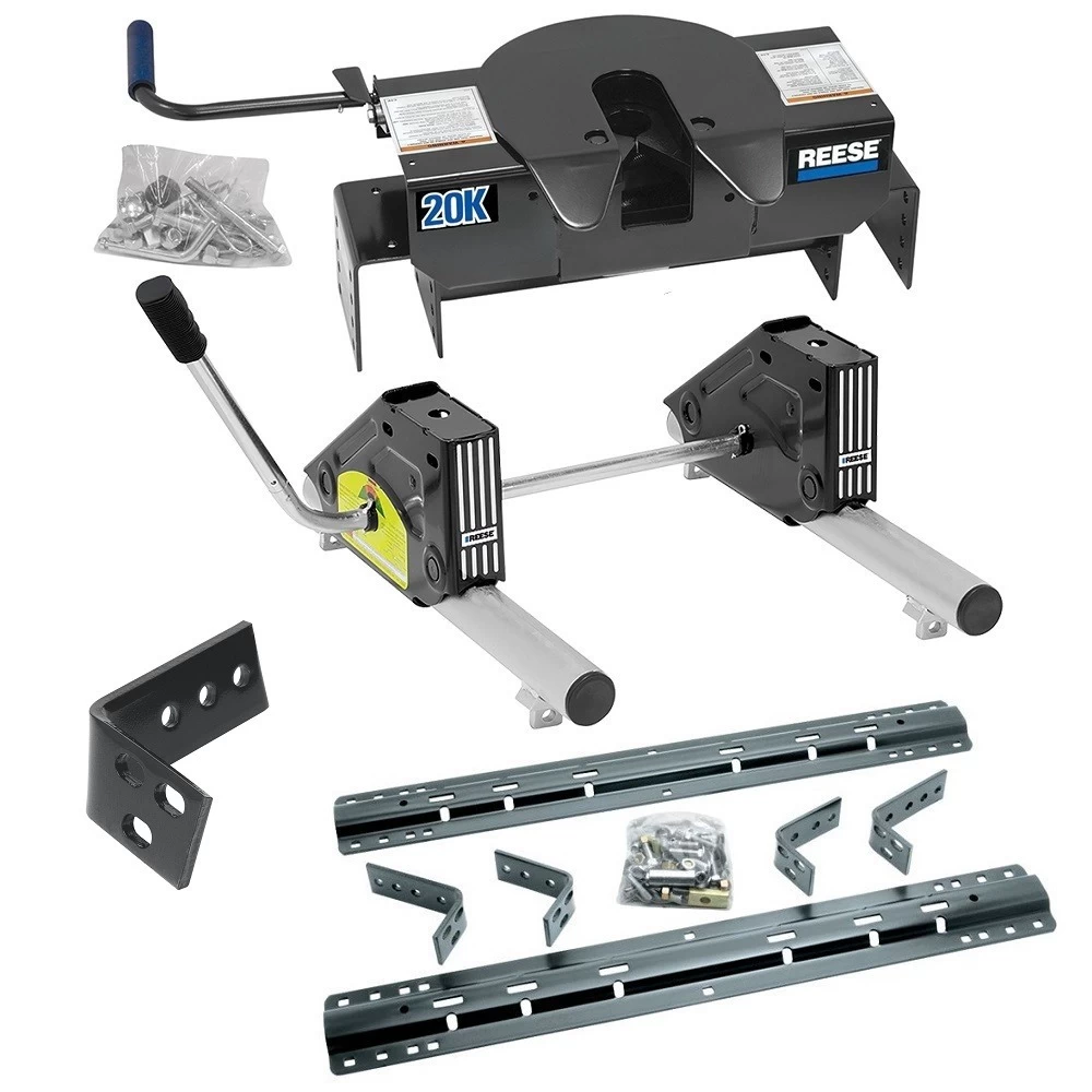 Reese Dual Jaw 20K Fifth Wheel Trailer Hitch w/ Round Tube Slider and Rails For 2002-2008 Dodge Ram 1500 2003-2012 Ram 2500 3500 Truck Base Rail Kit 5th Wheel Brackets Hardware