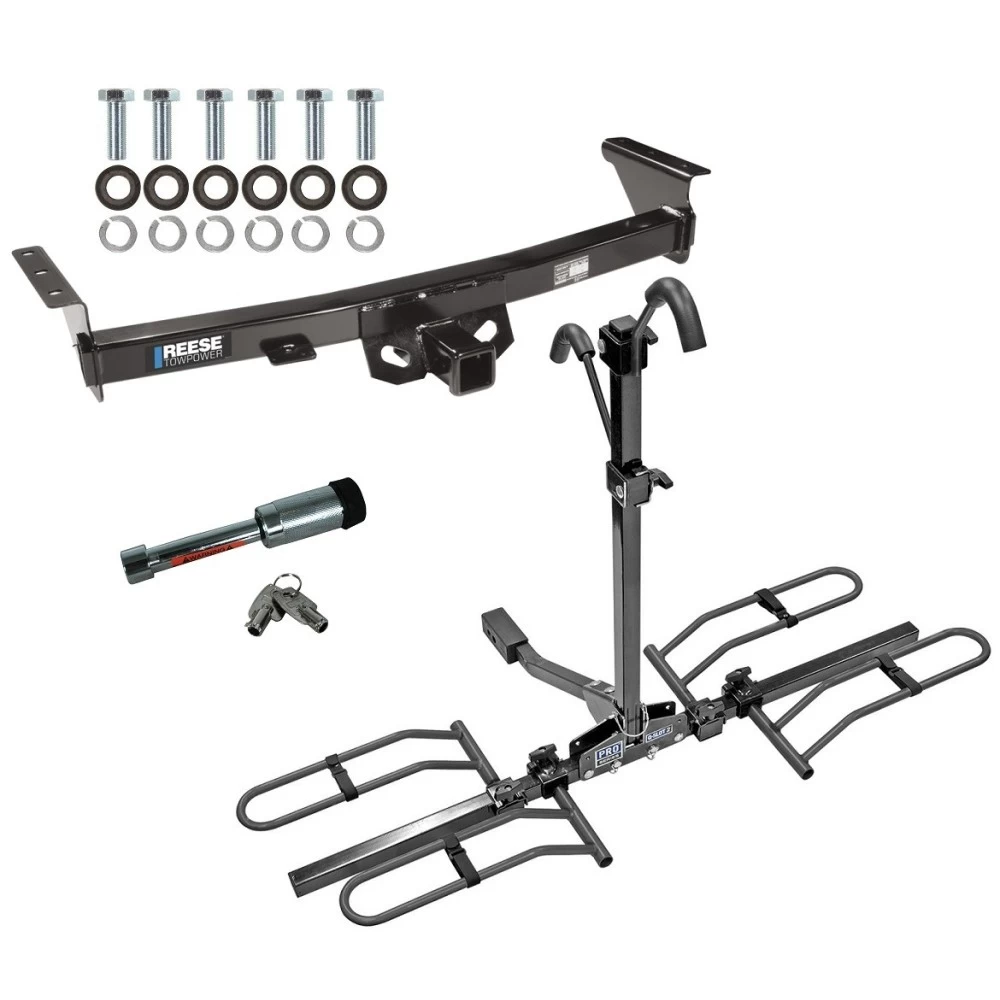 For 2005-2024 Nissan Frontier Trailer Hitch Tow PKG w/ 2 Bike Plaform Style Carrier Rack + Hitch Lock By Reese Towpower