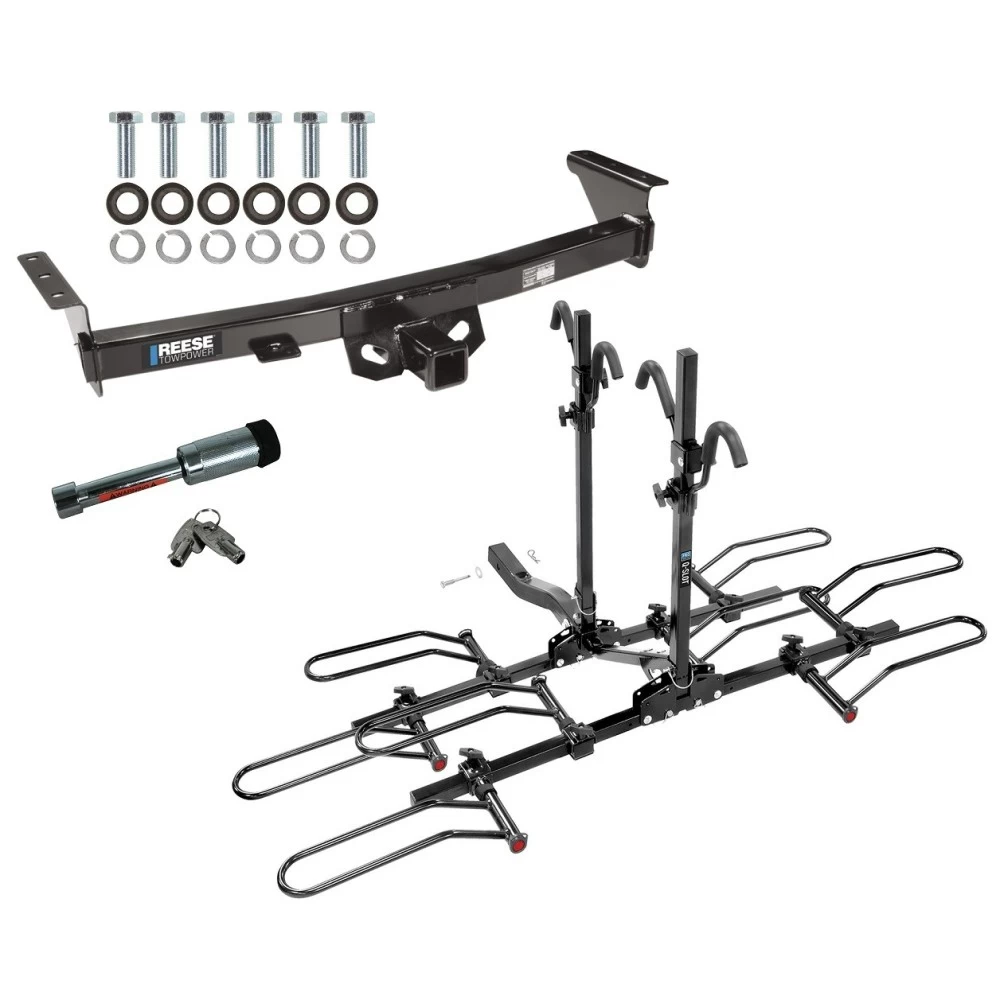 For 2005-2024 Nissan Frontier Trailer Hitch Tow PKG w/ 4 Bike Plaform Style Carrier Rack + Hitch Lock By Reese Towpower