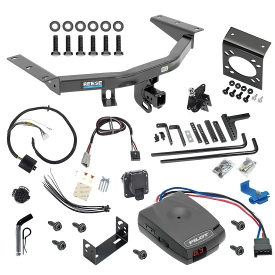 For 2014-2020 Acura MDX Trailer Hitch Tow PKG w/ 8K Round Bar Weight Distribution Hitch w/ 2-5/16" Ball + Pin/Clip + Pro Series Pilot Brake Control + Plug & Play BC Adapter + 7-Way RV Wiring (Excludes: w/Full Size Spare Tire Models) By Reese Towp