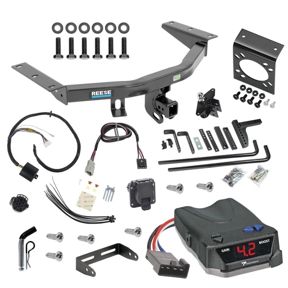 For 2014-2020 Acura MDX Trailer Hitch Tow PKG w/ 8K Round Bar Weight Distribution Hitch w/ 2-5/16" Ball + Pin/Clip + Tekonsha BRAKE-EVN Brake Control + Plug & Play BC Adapter + 7-Way RV Wiring (Excludes: w/Full Size Spare Tire Models) By Reese To