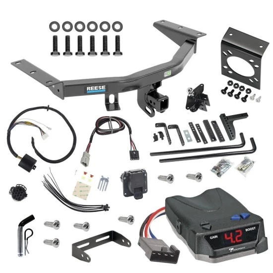 For 2014-2020 Acura MDX Trailer Hitch Tow PKG w/ 8K Round Bar Weight Distribution Hitch w/ 2-5/16" Ball + Pin/Clip + Tekonsha BRAKE-EVN Brake Control + Plug & Play BC Adapter + 7-Way RV Wiring (Excludes: w/Full Size Spare Tire Models) By Reese To