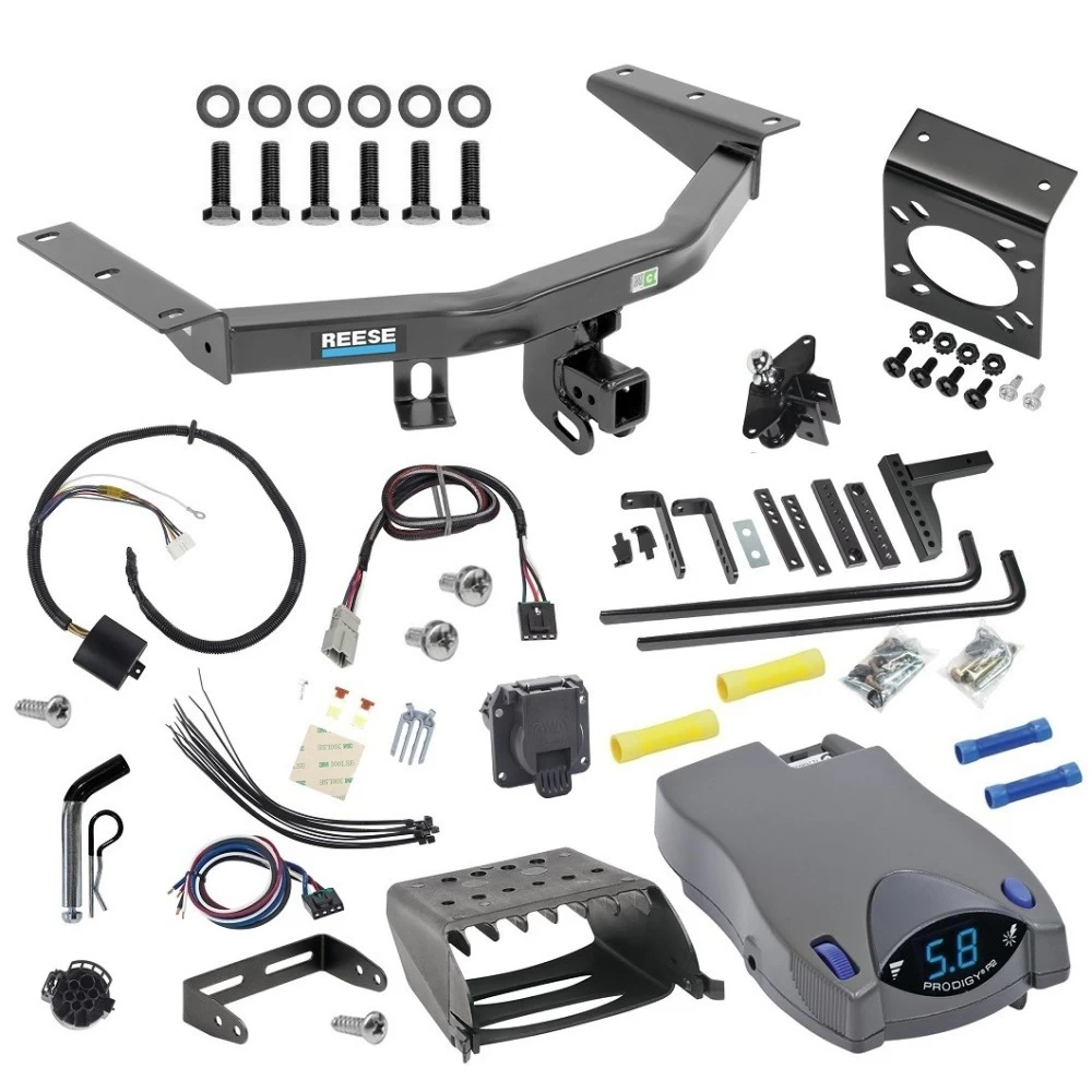 For 2014-2020 Acura MDX Trailer Hitch Tow PKG w/ 8K Round Bar Weight Distribution Hitch w/ 2-5/16" Ball + Pin/Clip + Tekonsha Prodigy P2 Brake Control + Plug & Play BC Adapter + 7-Way RV Wiring (Excludes: w/Full Size Spare Tire Models) By Reese T
