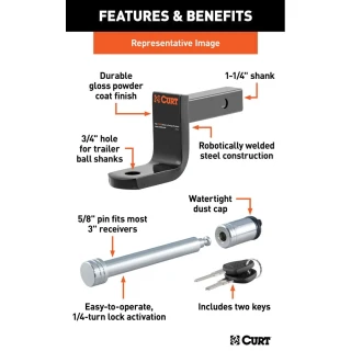 CURT Class 2 Ball Mount with Hitch Lock – 1-1/4" Shank, 3,500 lbs