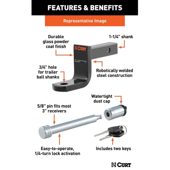 CURT Class 2 Ball Mount with Hitch Lock – 1-1/4" Shank, 3,500 lbs
