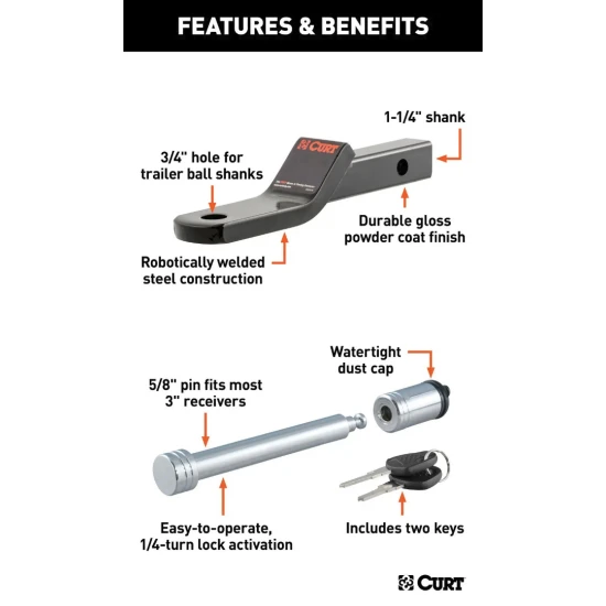 CURT Class 2 Ball Mount with 1-1/4" Shank and Chrome Hitch Lock for Secure Towing