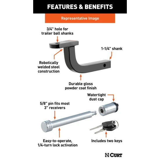 CURT Class 2 Ball Mount Kit with Switch Ball Set and Hitch Lock for 1-1/4" Receiver