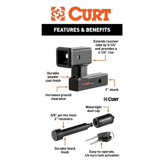 CURT Raised Hitch Extender 5-1/4" Extension with 4-1/2" Rise and 5/8" Hitch Lock