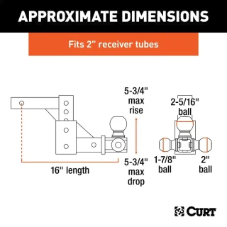 CURT Adjustable Tri-Ball Hitch Mount with Lock – Fits 2" Receiver, 10,000 lbs GTW