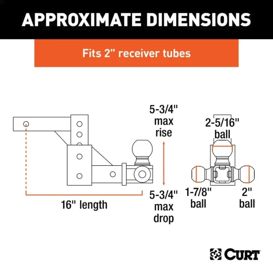 CURT Adjustable Tri-Ball Hitch Mount with Lock – Fits 2" Receiver, 10,000 lbs GTW
