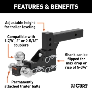 CURT Adjustable Tri-Ball Hitch Mount with Lock – Fits 2" Receiver, 10,000 lbs GTW