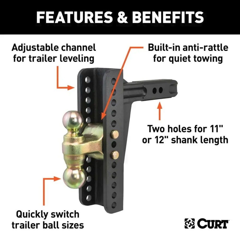  CURT adjustable channel mount with dual ball and anti-rattle clamp for 2" hitch receiver